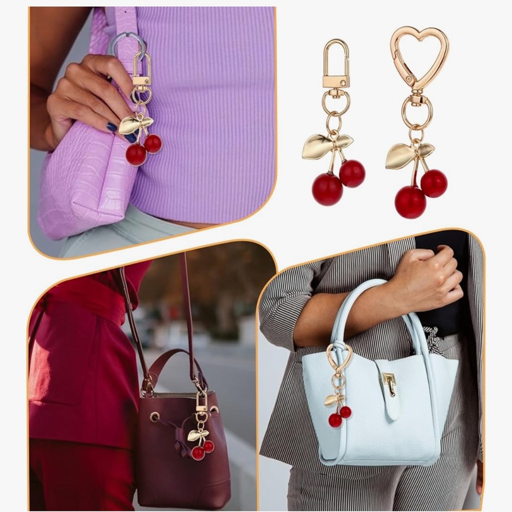 🆕 Cherry Bag Charm 2 Pcs Women Cherry Charm for Purse,Heart Keyring - Picture 3 of 6